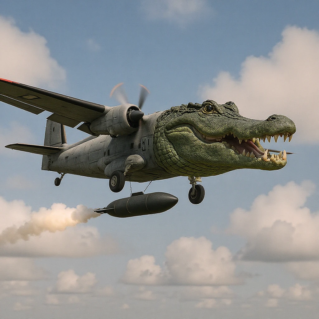 A bomber plane with a crocodile's head is flying and dropping a bomb in a surreal, edited image. emoji