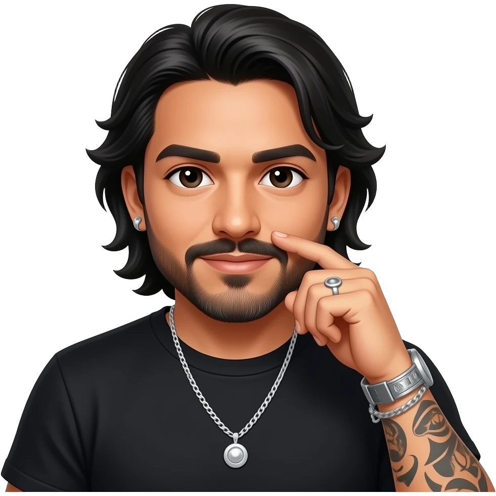 handsome, manly Latino podcast host with black colored eyes wearing black with silver jewelry, with medium length hair, a very long, lightly graying beard and tattoos, his ear and nose pierced. Face palms emoji