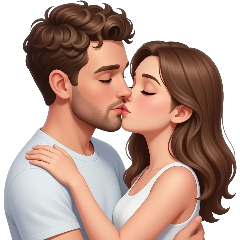 Realistic white man brown super short curly hair with beard kissing passionately and hugging realistic white girl brown hair emoji