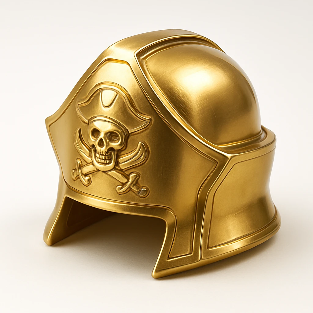 gold pirate helmet, simple, bold gold color, with pirate emblem, in gold style emoji