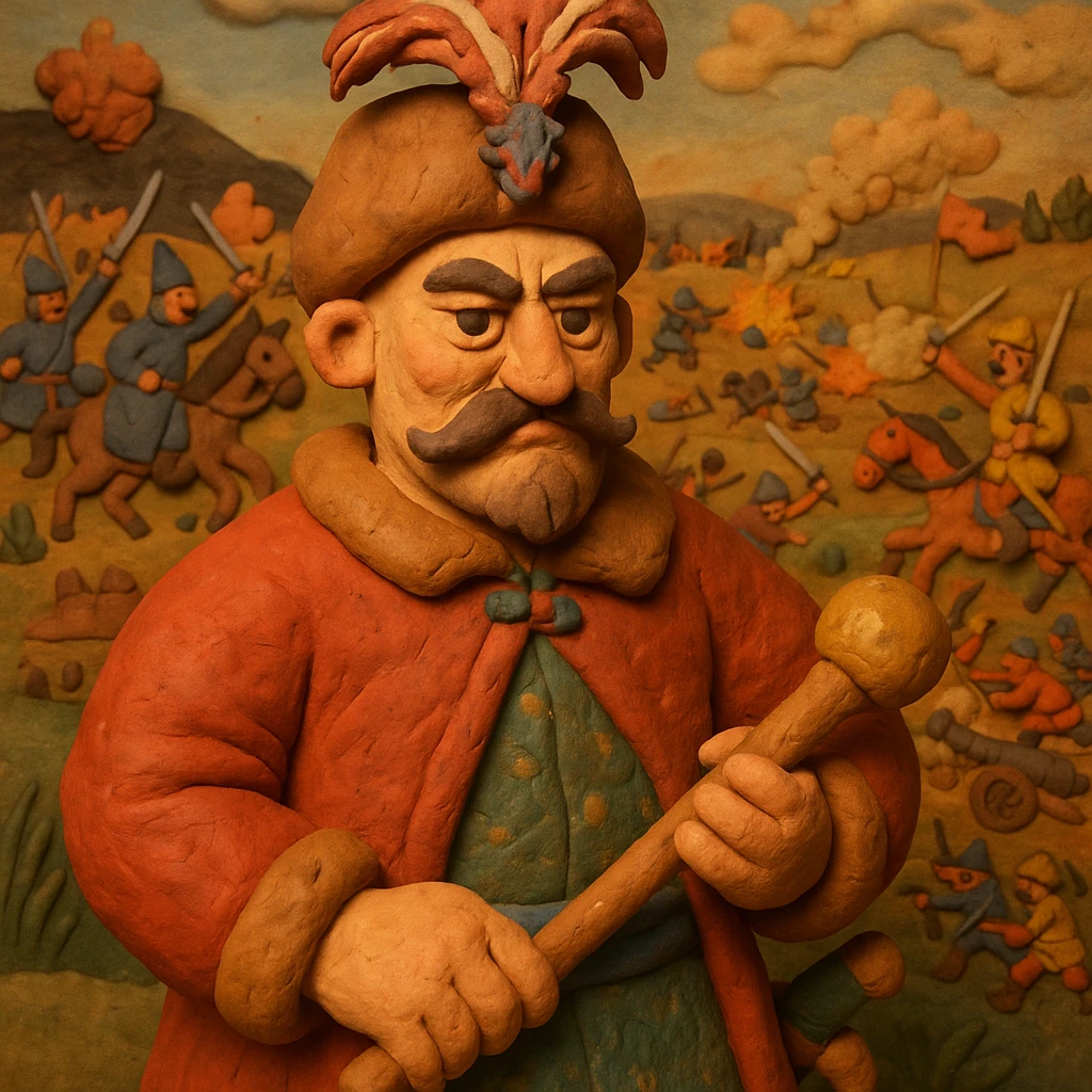 Transform the image into a claymation style with soft textures and warm tones, resembling hand-molded plasticine. Add a background depicting a historical battle of the 17th century between Ukrainian Cossacks and Poles, with warm colors and detailed claymation elements. emoji
