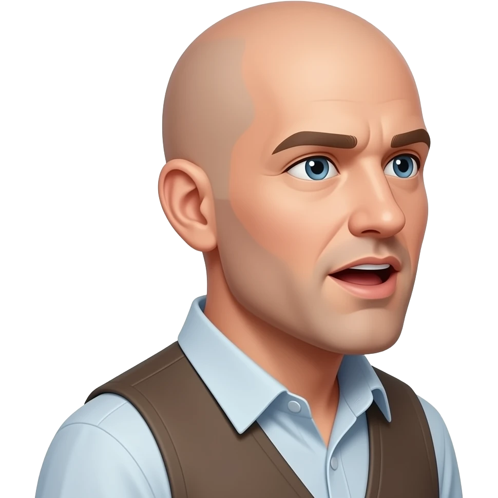 a bald man looking directly to the side, talking with an open mouth emoji