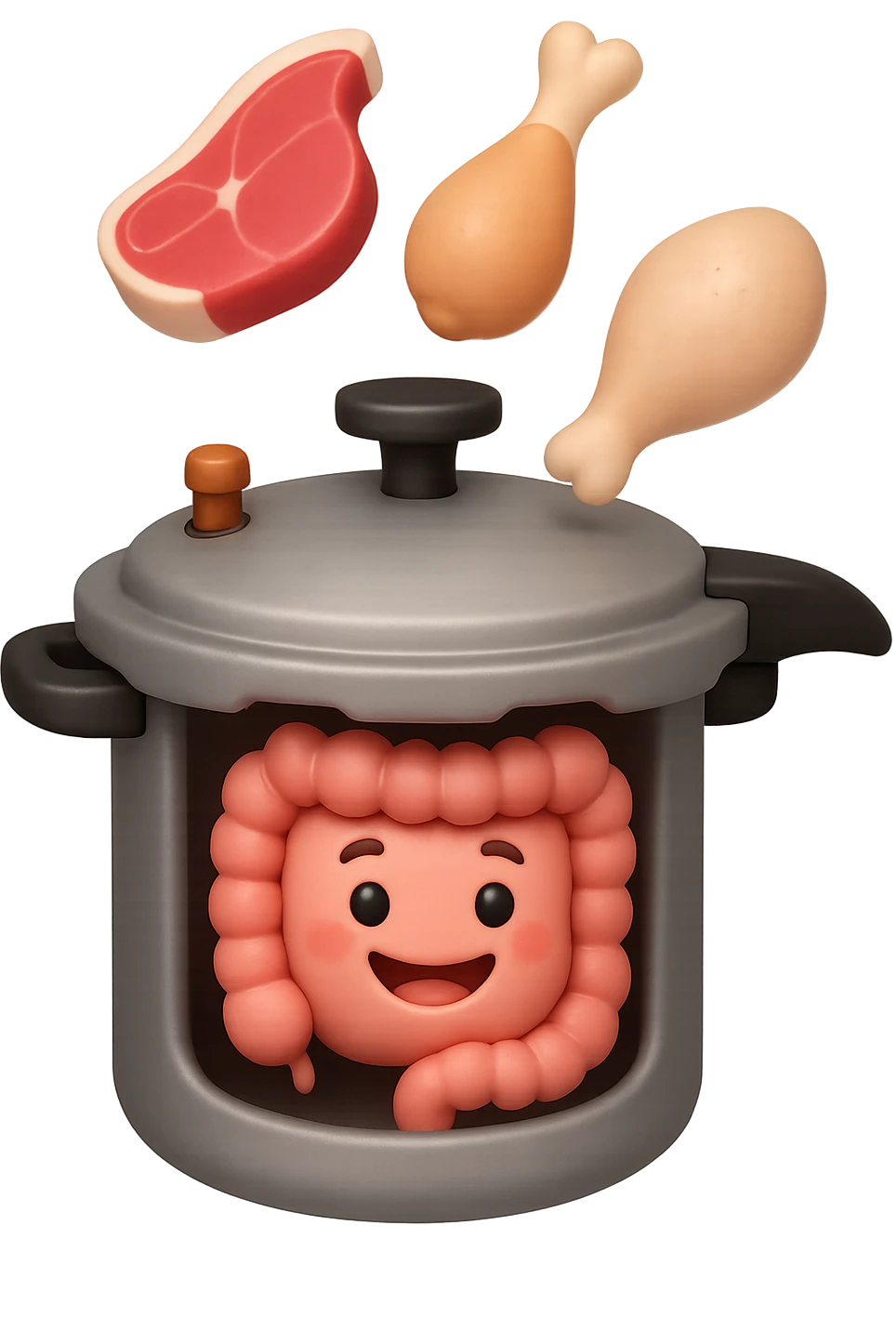 emoji stile iphone in 3d di una pentola a pressione dentro cui cadono agnello, pollo, tacchino crudi e un intestino umano felice da cuocere, iperrealistico 4k emoji