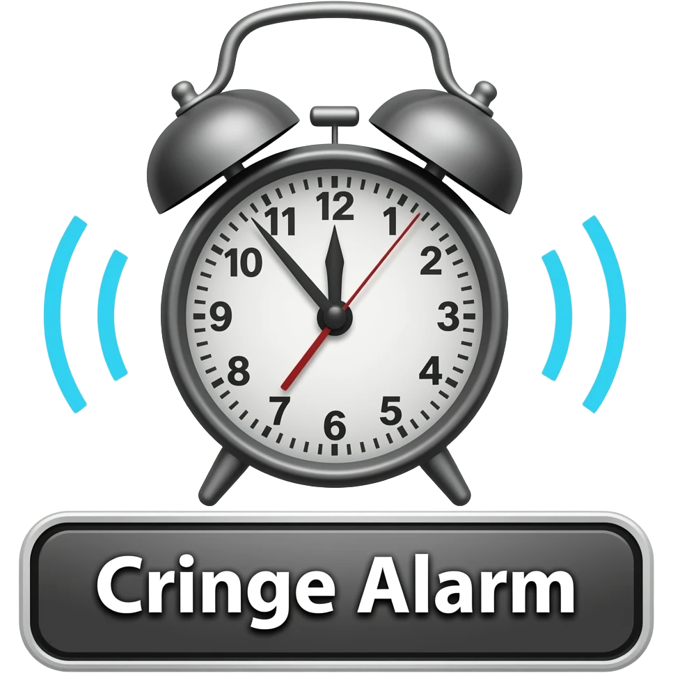 A blaring alarm with visual sound effects, a label below it with text "Cringe Alarm", filled background emoji