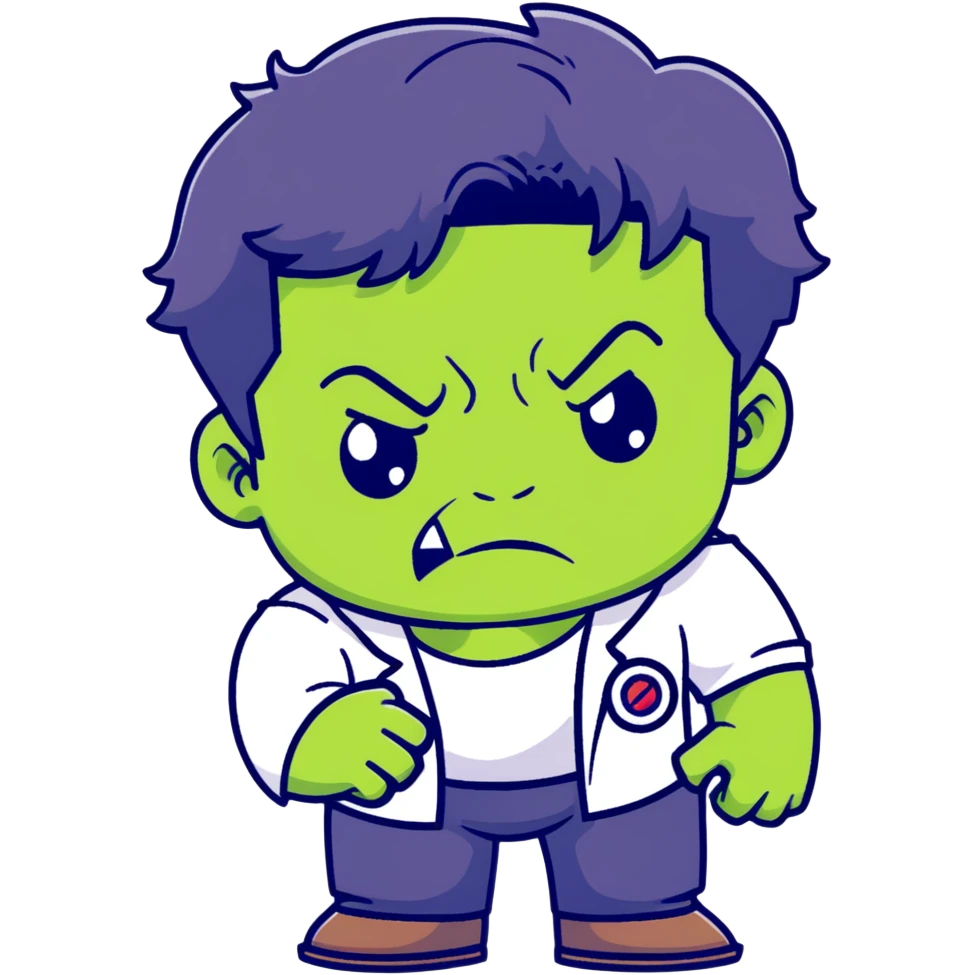 Chibi Bruce Banner transforming into Hulk, showing stages of transformation from nerdy scientist to green monster, cute big head style, adorable expression changing from worried to angry emoji