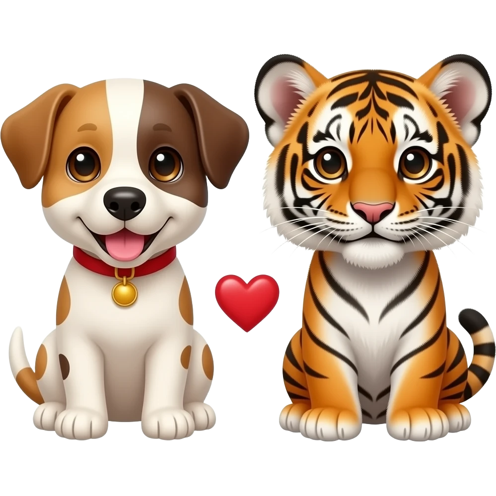 puppy dog and tiger cub with small connected love heart in between emoji