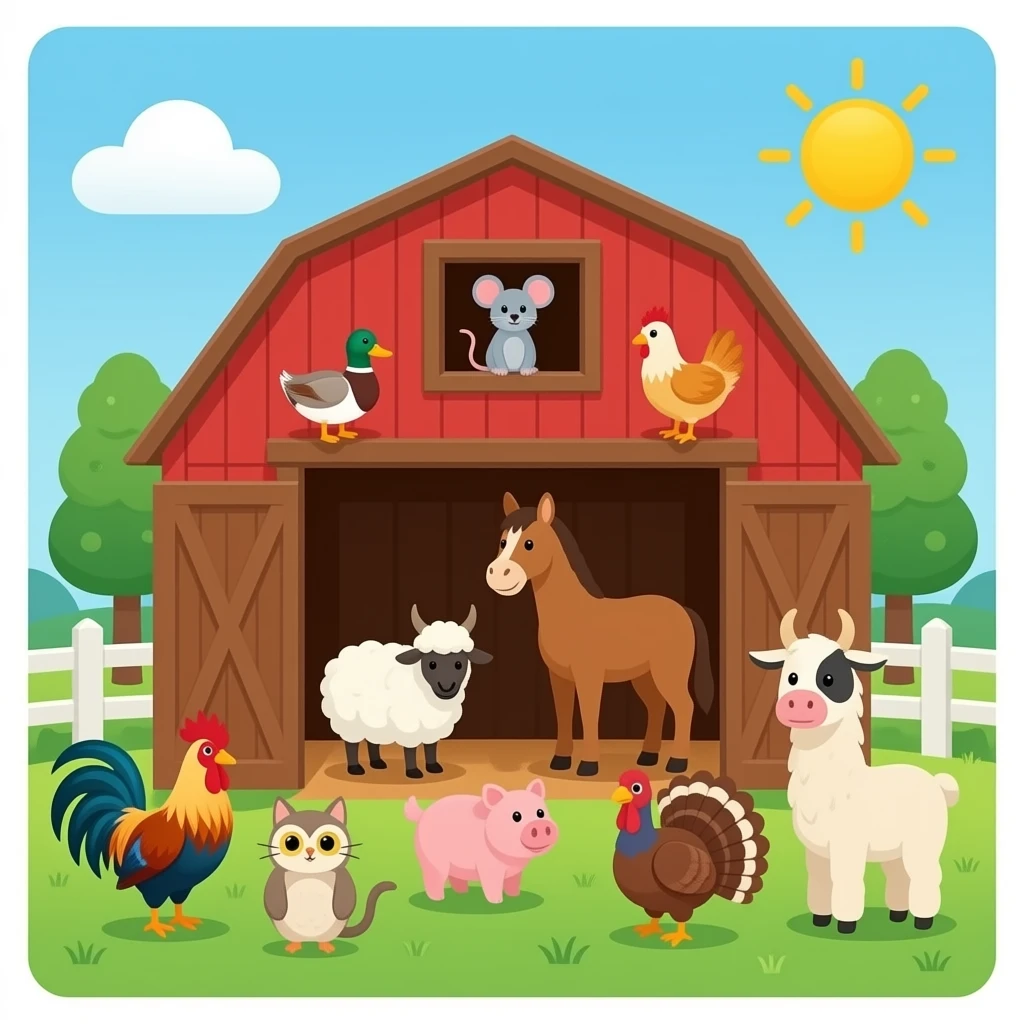 animals inside the barn like have: Duck, mouse, dog, horse, sheep, chicken, donkey, pig, goat, cat, owl, rooster, rabbit, Turkey, cow, and llama emoji