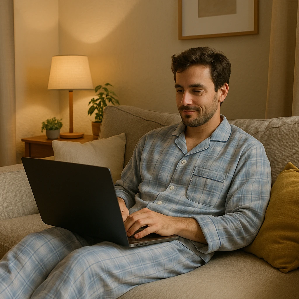 man lounging in pajamas, typing on a laptop, comfortable environment, relaxed and casual home vibe emoji