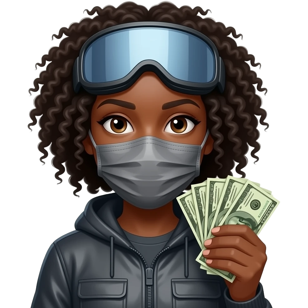 Black woman with ski mask on holding money emoji