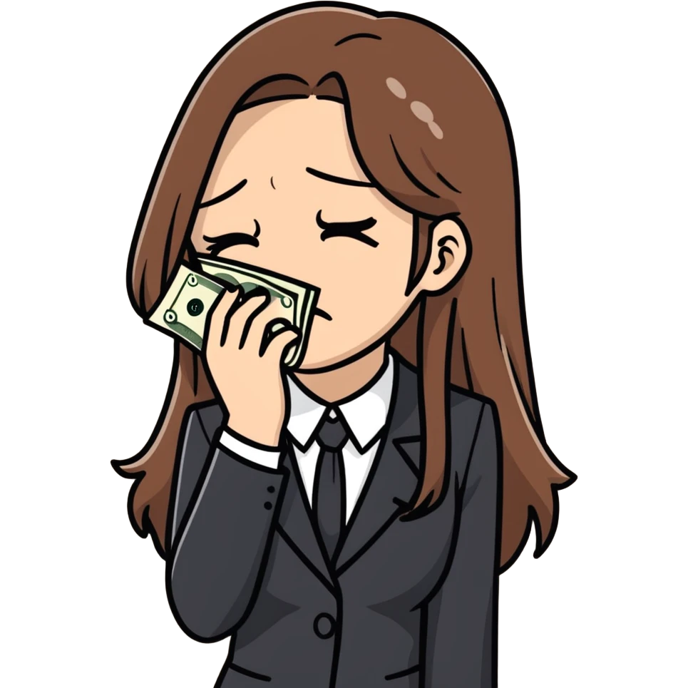 A crying white woman with long brown hair and brown eyes in a black business suit wipes tears from her face by money emoji