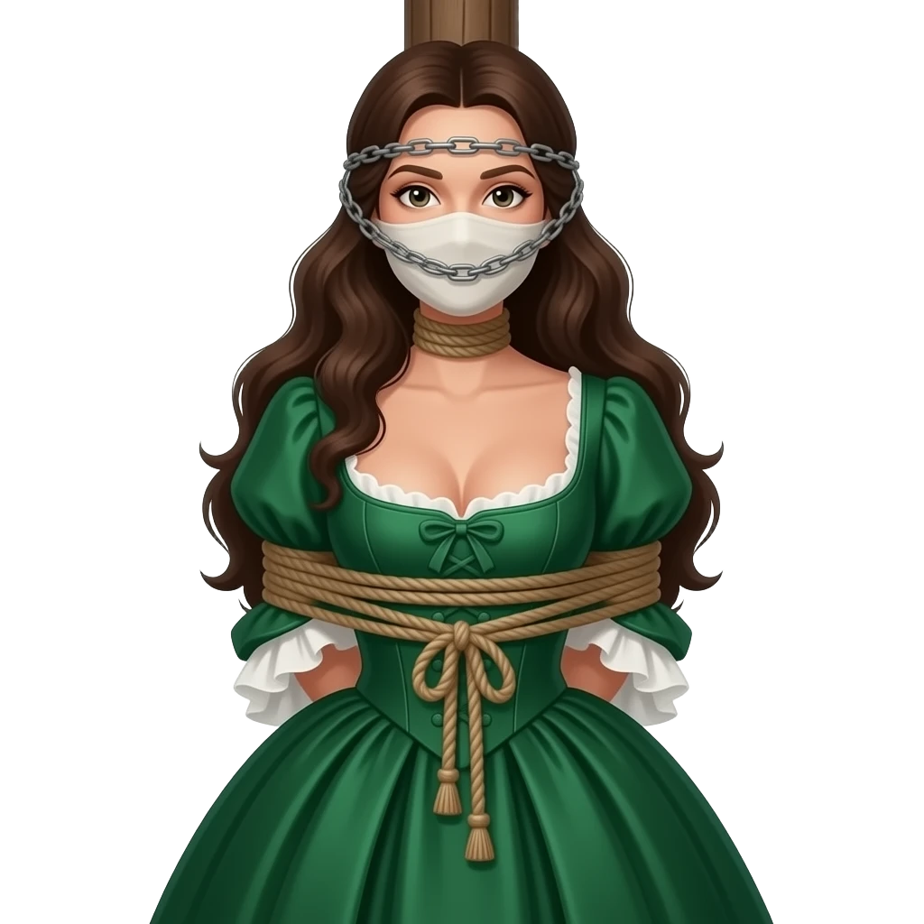 Brunette woman in emerald green 1770s gown with long flowing hair, ample bosom, gagged and bound to tall post, with lower rope tied just beneath bosom and another upper rope tied around her head at mouth level. **CRITICAL**  Upper rope around mouth level only! No chains! No cloth facemask! emoji