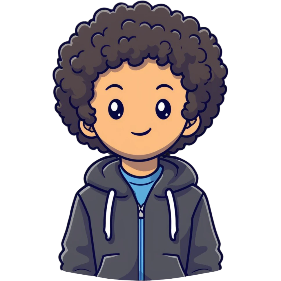 Teen boy with curly hair, casual clothes, friendly expression emoji
