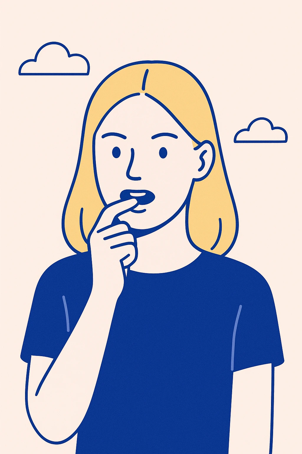 a blonde woman biting her finger boldly, minimalist flat illustration emoji