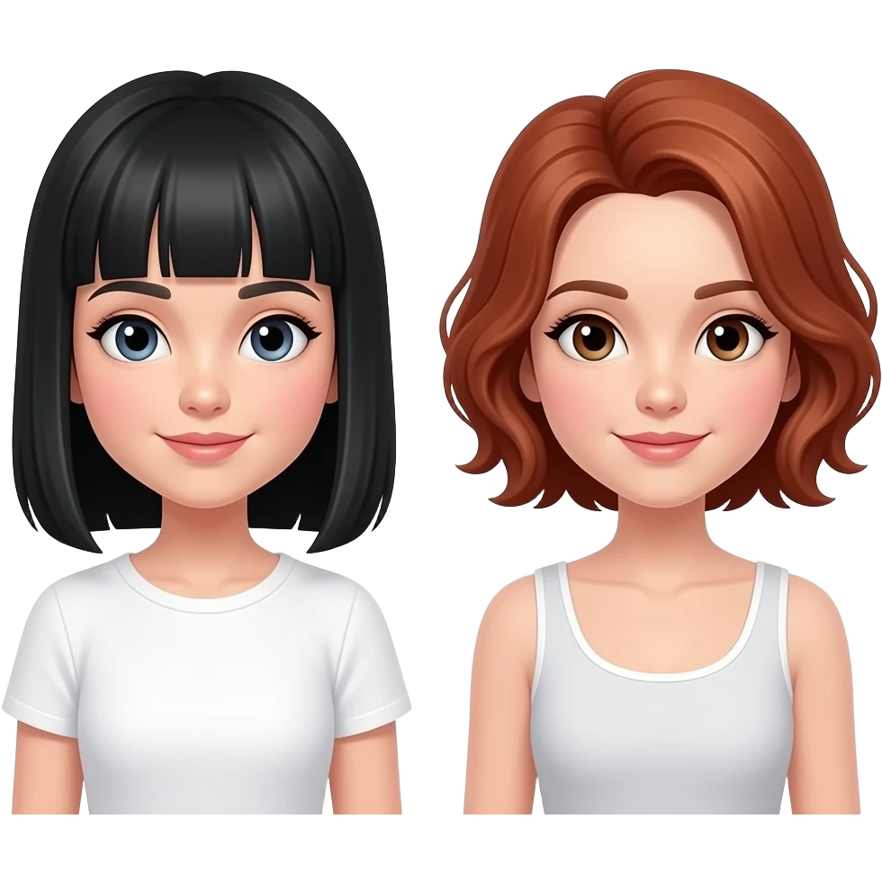 Una de las chicas en blanca, con el pelo negro lacio y con flequillo recto, la otra chica es un poquito morena, con ondas cortas y el pelo rojo emoji