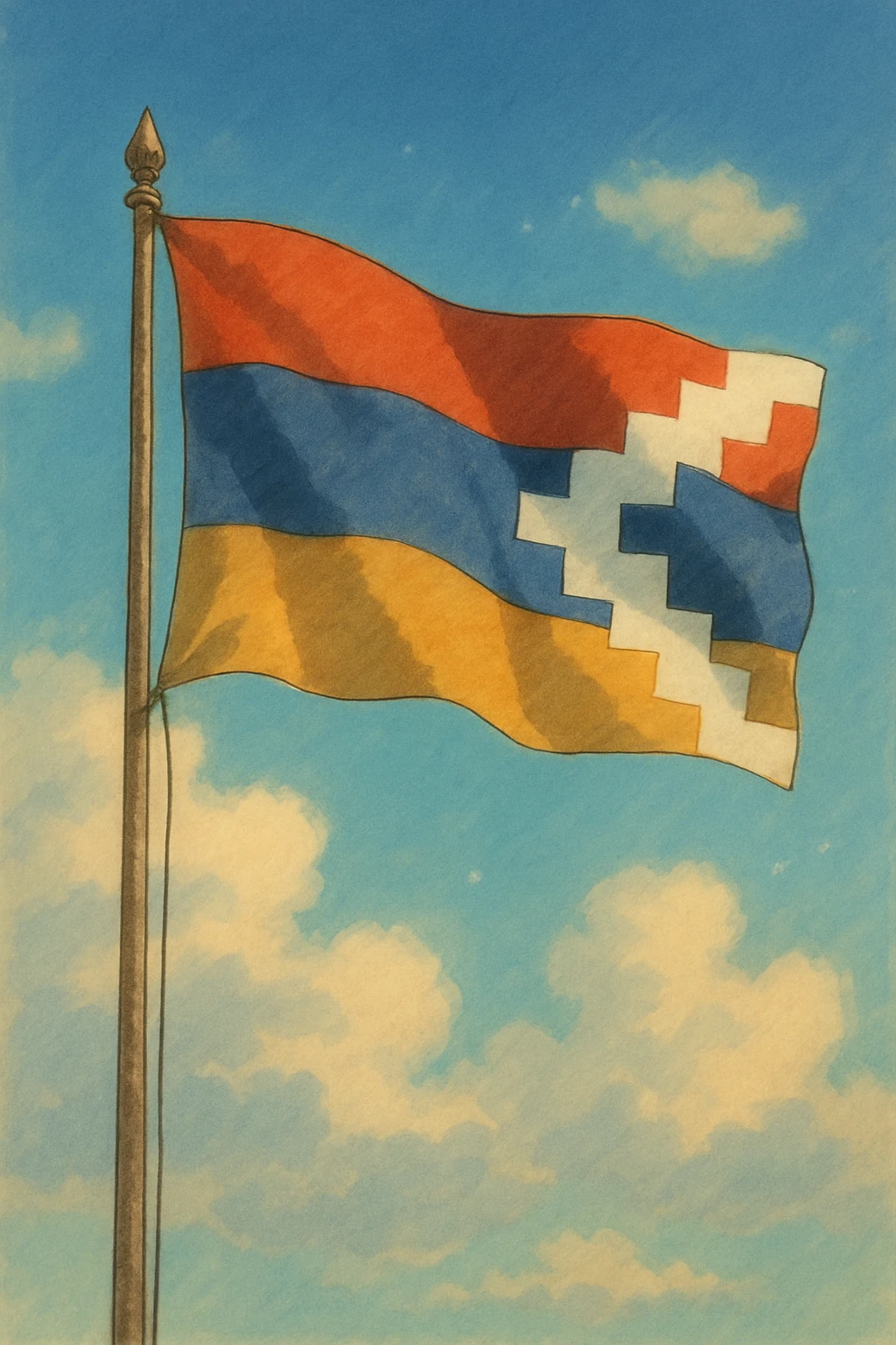 animated flag of Artsakh, fluttering, with a subtle shadow, ghibli-inspired style emoji