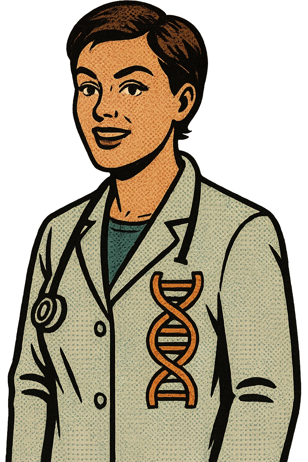 A modern female doctor with short hair wearing a coat with DNA on it emoji