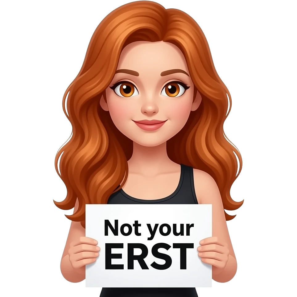 sexy girl with long wavy ginger hair and ginger eyes wearing a black tanktop is holding a white colored sign with Not your ERNST written on it emoji