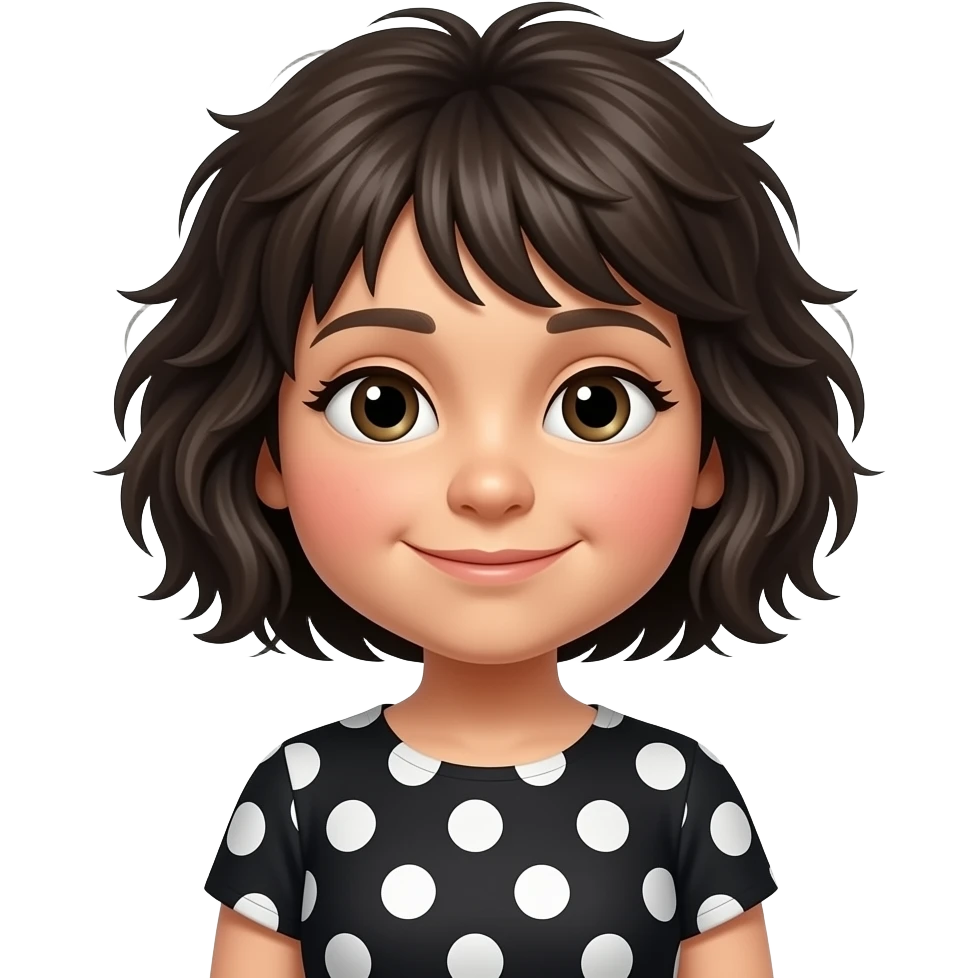 Mafalda parezca argento a  pelo corto alborotado con un vestido de puntos emoji