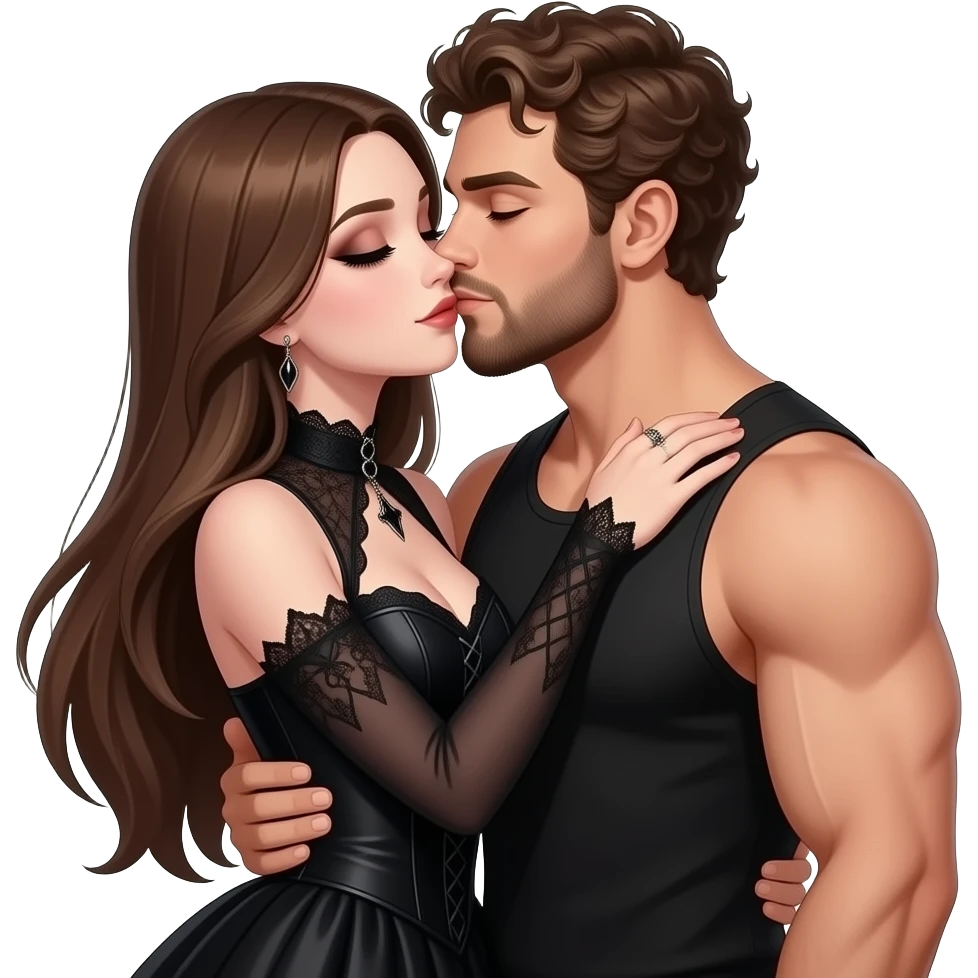 realistic sexy pale skin long straight brown hair girl brown eyes long face wearing gothic dress and gothic makeup HD and her muscular man short brown curly hair and beard hugging and kissing emoji