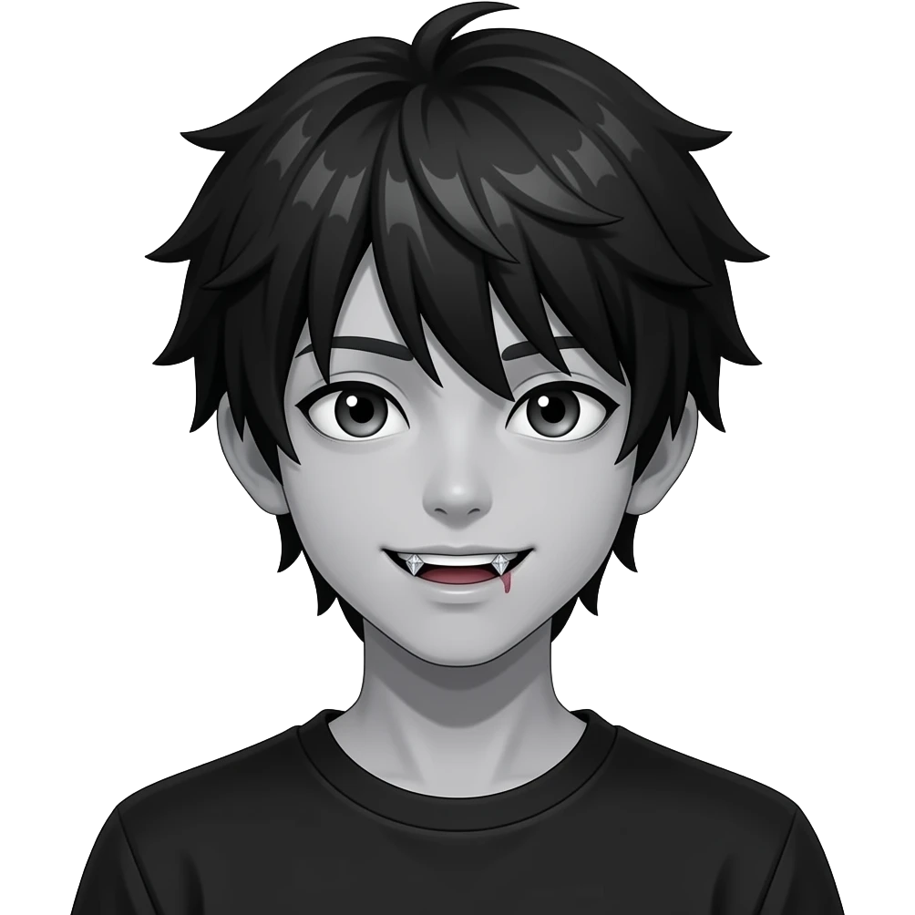 Black and white zombie teen boy in emoji style with mouth being able to see teeth because he is a zombie make it have diamond grills and make him have black anime style hair with gray skin on blakc bg emoji
