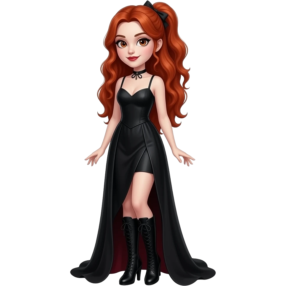Vampiro femmina ADOLESCENTE con pelle bianca e capelli rosso ondulati lunghi raccolti in una mezza coda che indossa un vestito  LUNGO fino ai PIEDI nero e stivali lunghi con tacco neri emoji