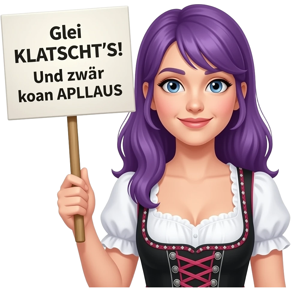 girl with long purple hair wearing a dirndl holding a Glei KLATSCHT'S! Und zwar koan APLLAUS sign emoji