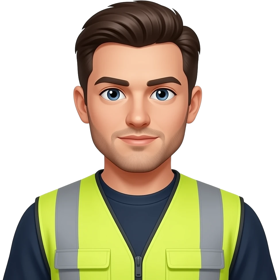 young adult man with light skin, short beard, dark brushed back hair, dark eyes, smug expression, wearing yellow hi vis full body overalls  emoji