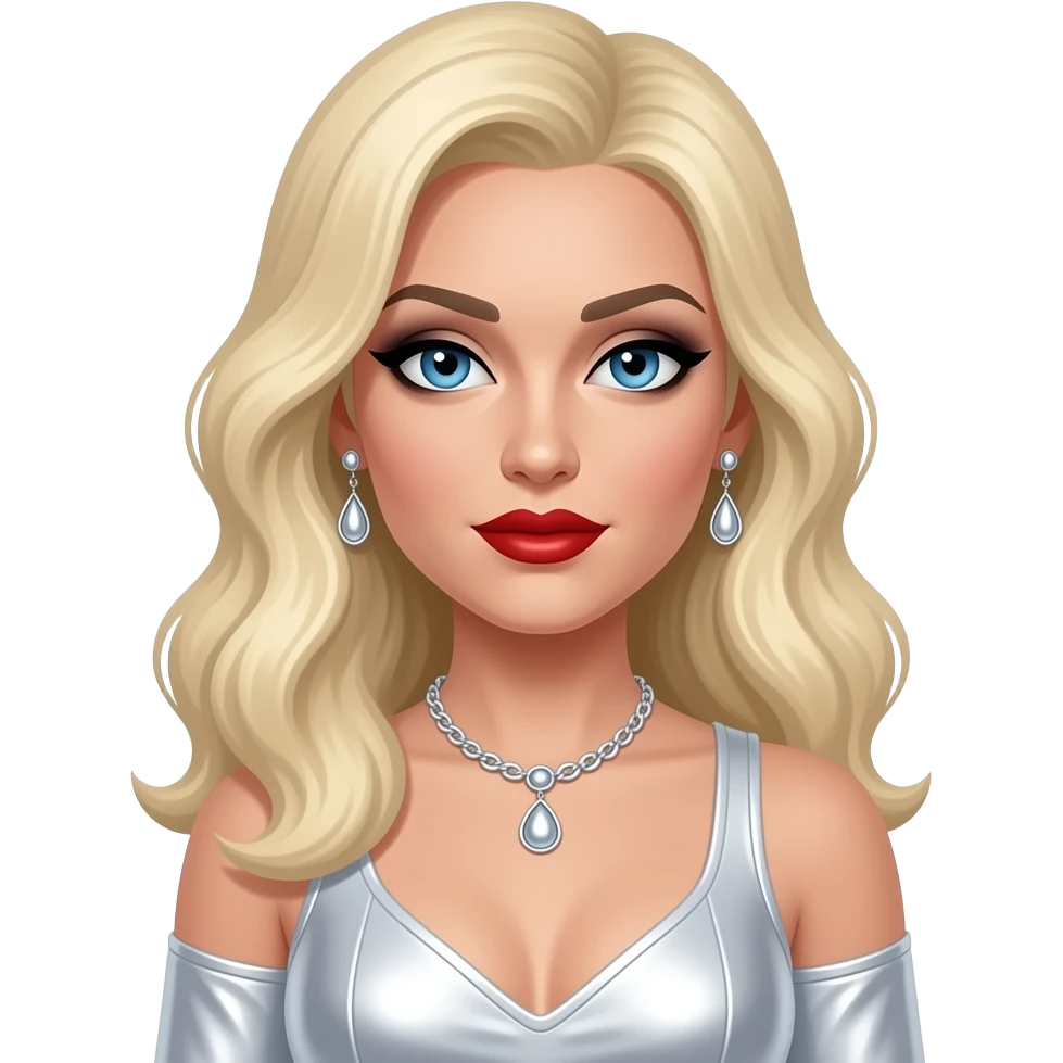 Madonna with blue eyes, long blonde 40s hair, black eyeshadow, red lipstick, white metallic pop outfit, necklace and earrings emoji