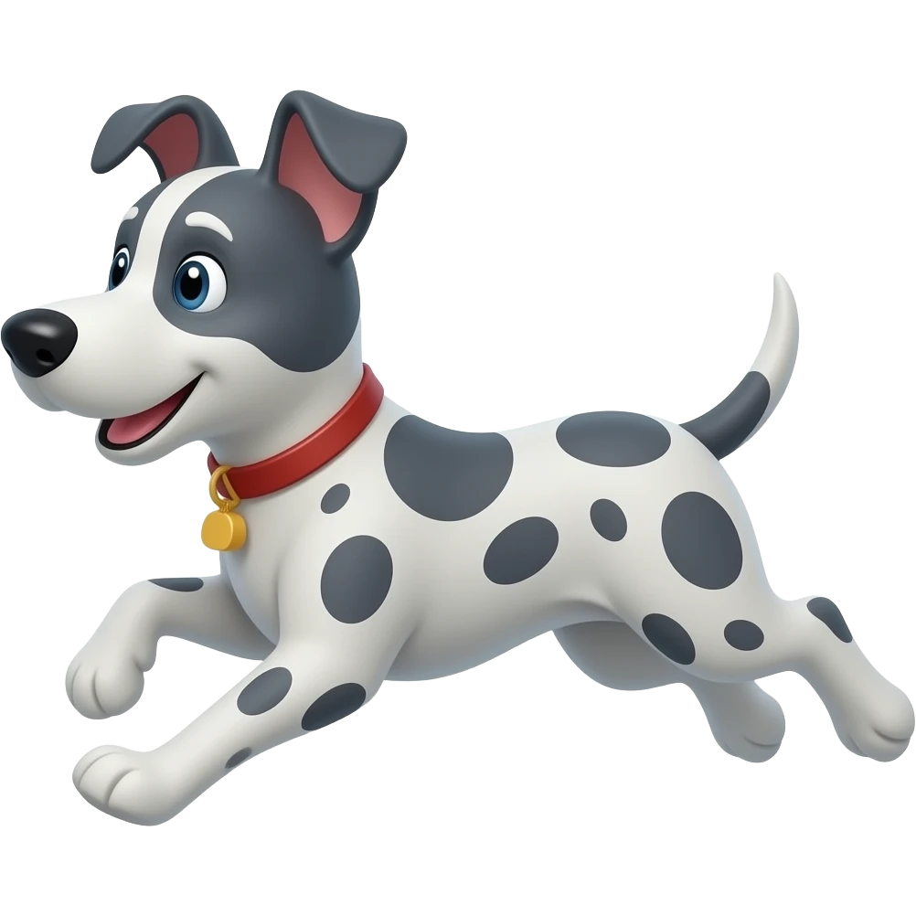 Cartoon grey spotted dog with its ears standing up running emoji