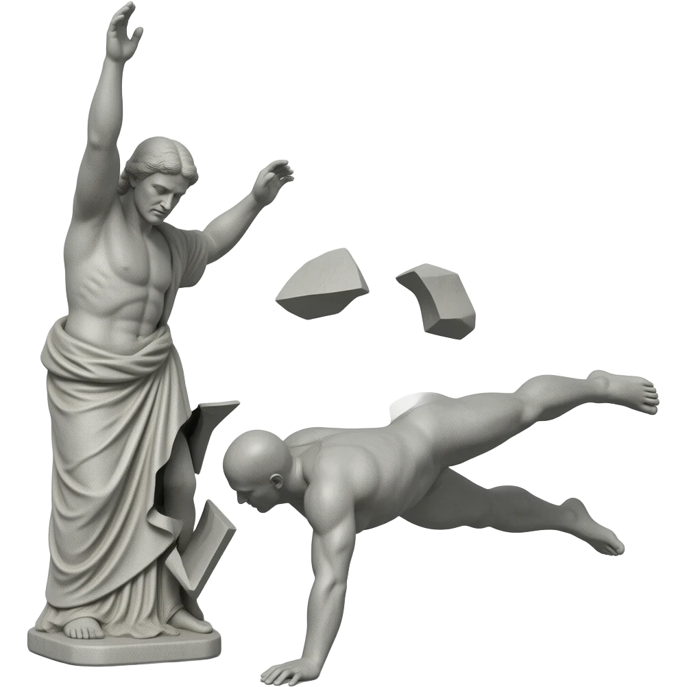 Uma estátua de pedra está bate na pessoa A PESSOA NÃO É DE PEDRA e a pessoa que foi batida pela estátua está caindo no chão emoji