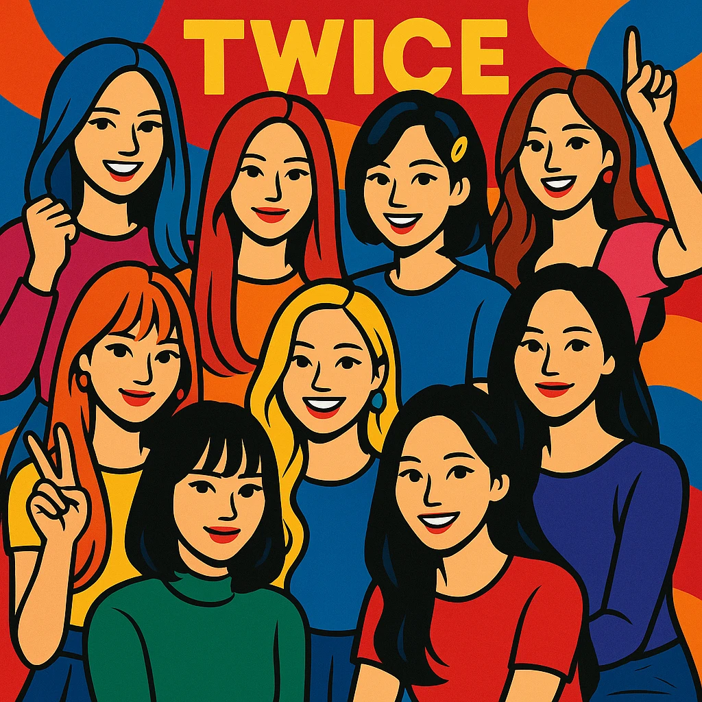 Twice K-pop group, stylized group portrait, vibrant, energetic, modern pop art style emoji