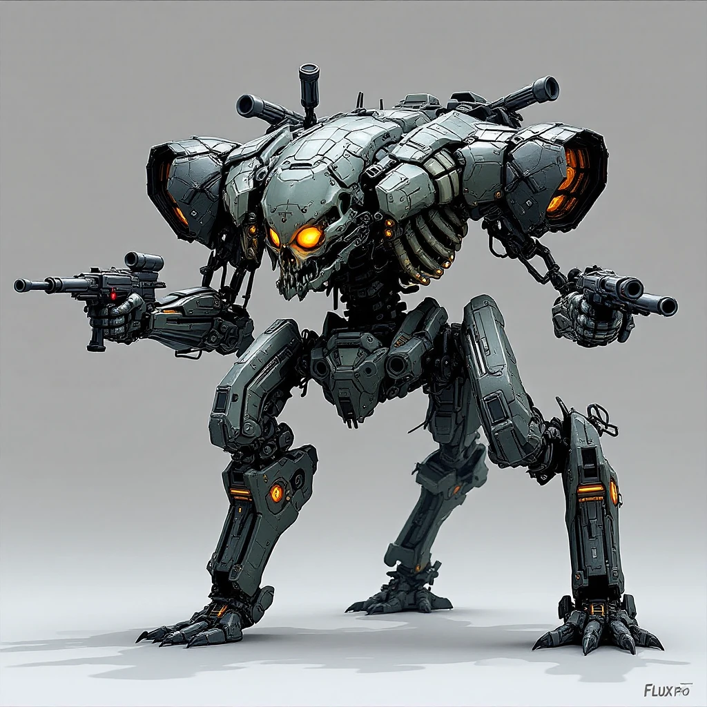 Create an aggressive, intimidating sci-fi skull tank with no legs. The humanoid ribcage and spine attach directly to a tank chassis. It has four arms equipped with guns. Match the style and details of the attached reference images in Flux Pro style. emoji