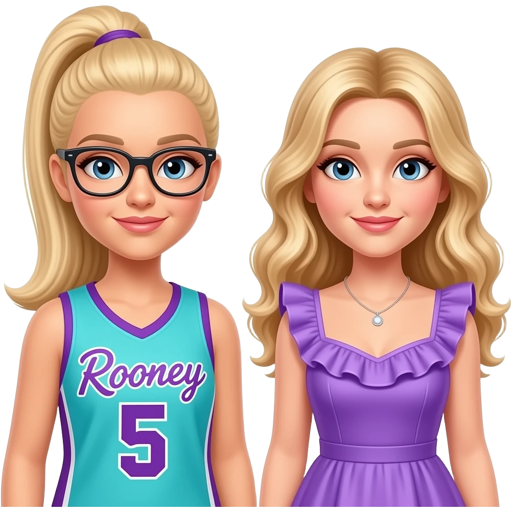 (2 dove camerons with blonde hair, one's hair straight and in a ponytail, she has glasses and is wearing an aqua and purple basketball jersey with "Rooney" and 5 on it. the other one's hair is blonde, long and curled and she is wearing a dress with a purple ruffle. she looks like an actress emoji