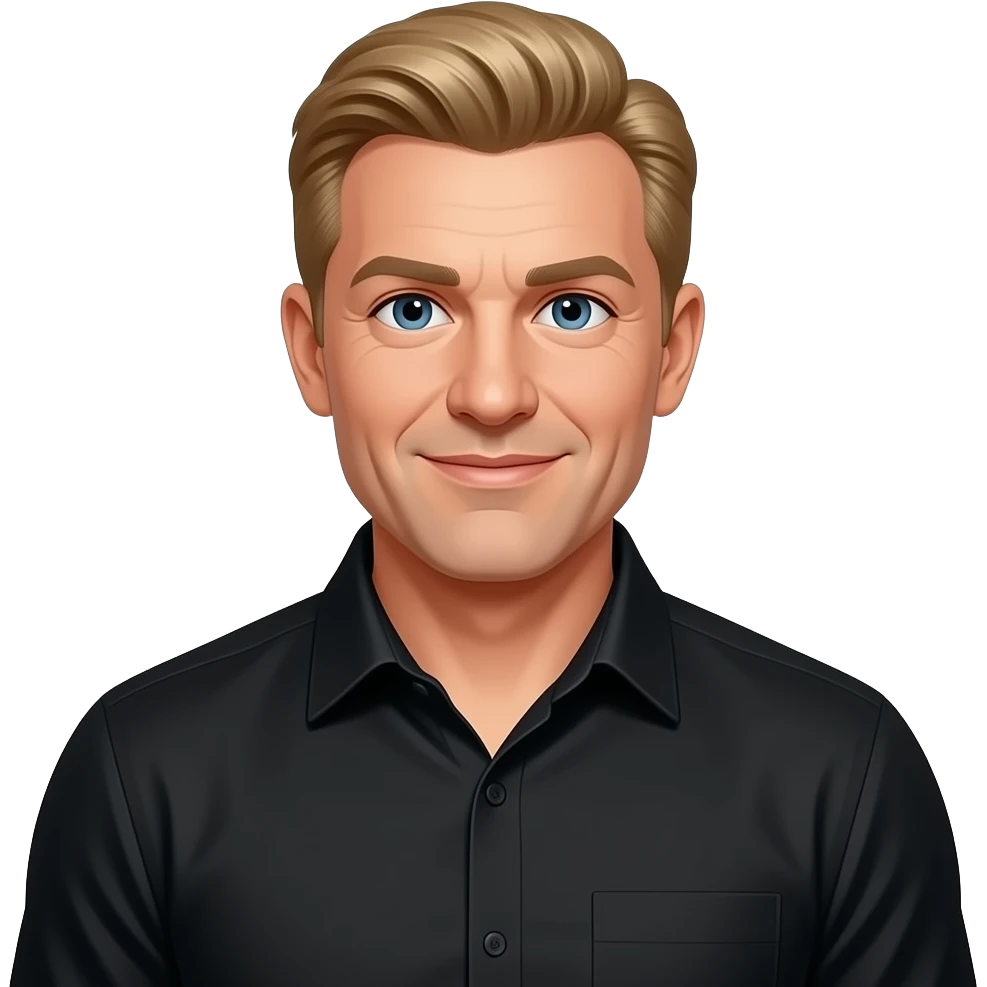blonde IT guy muscular black button down 40 ish emoji