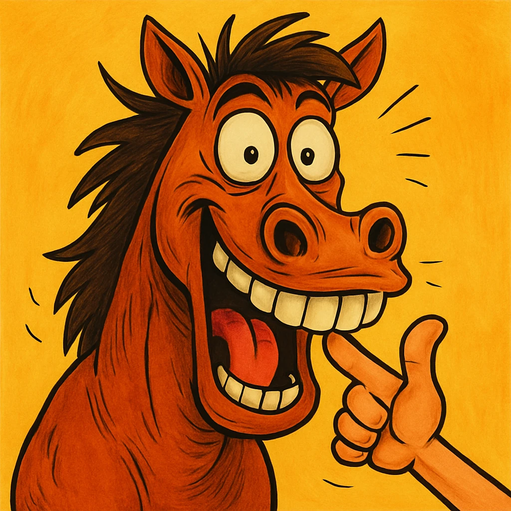 Make the finger bent inside the mouth of the horse, keeping the fun and expressive style, same background. emoji