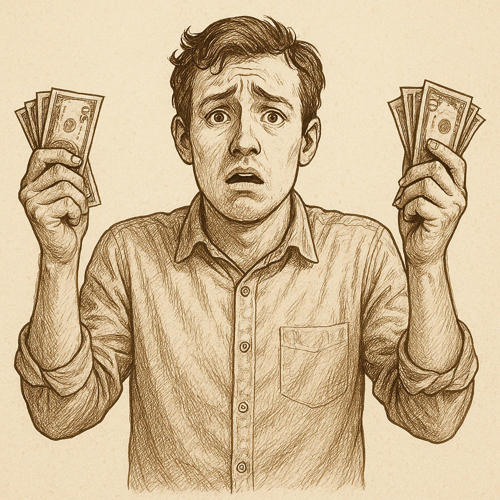 a person with a confused expression, hands up in the air, holding money, looking helpless, detailed illustration emoji