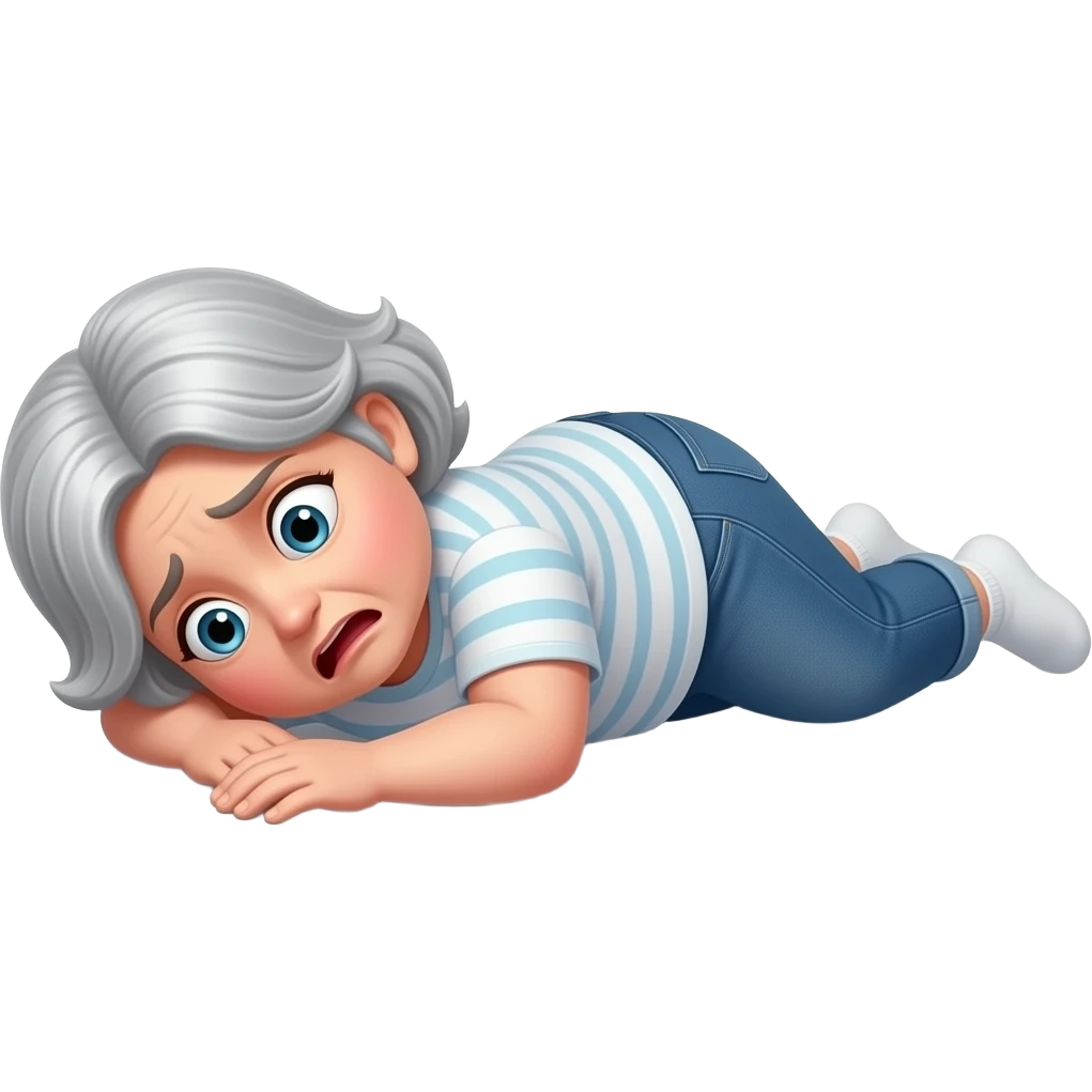 The whole body of a slightly overweight elderly woman with slightly gray short hair wearing jeans and a t-shirt and socks with the look of painful surprise who fell to the floor on her left side emoji