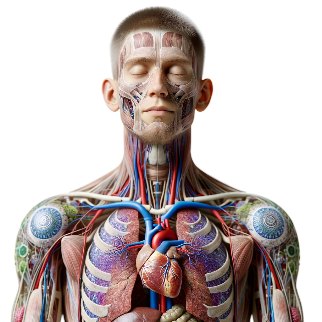 corpo umano anatomico con capelli corti in perfetta salute con gli occhi chiusi ed espressione serena a figura intera, cuore e organi in evidenza, iperrealistica 4k, isolato su sfondo bianco emoji