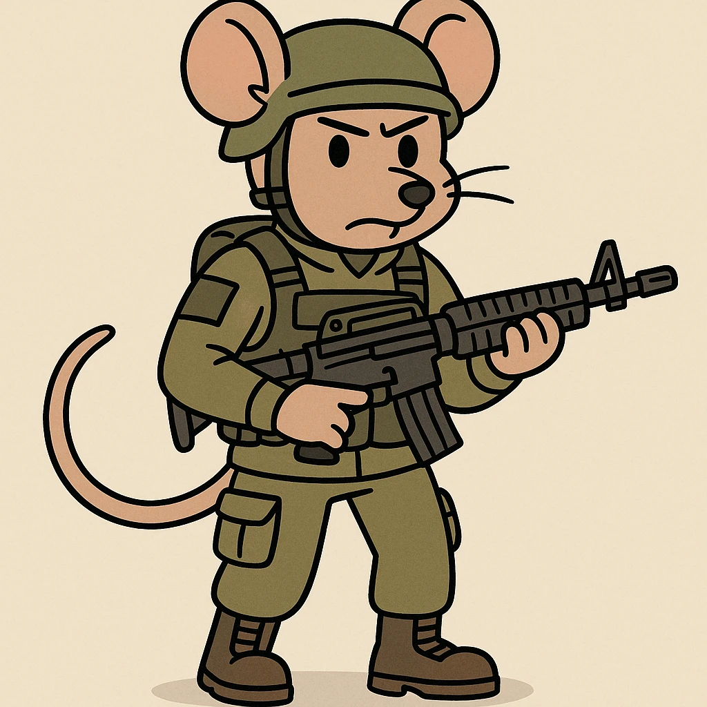 mouse soldier in full military gear, holding an assault rifle, cartoon style emoji