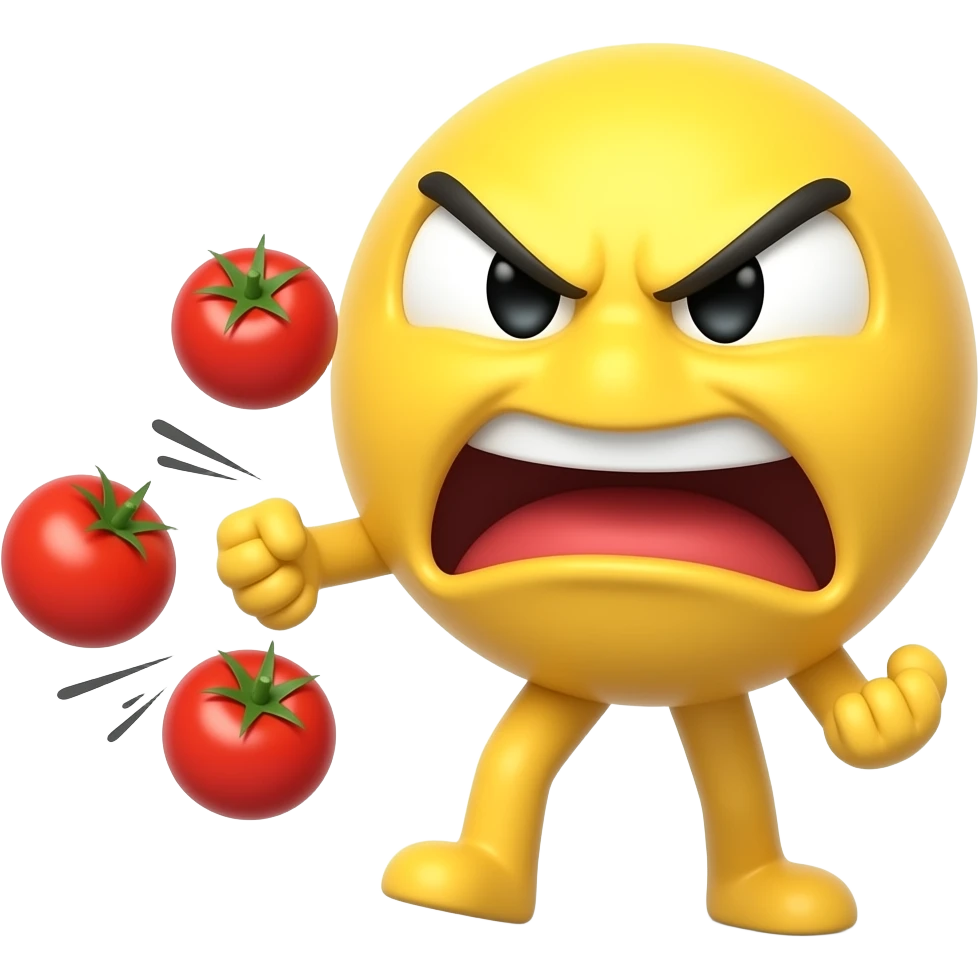 Angry yellow smiley throwing tomatoes at you like they're booing you emoji