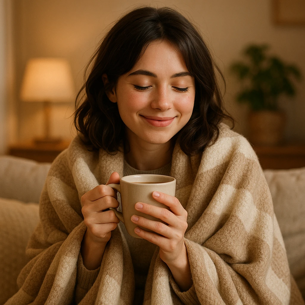 adorable brunette girl snuggled in a blanket, sipping coffee, relaxed and happy expression emoji