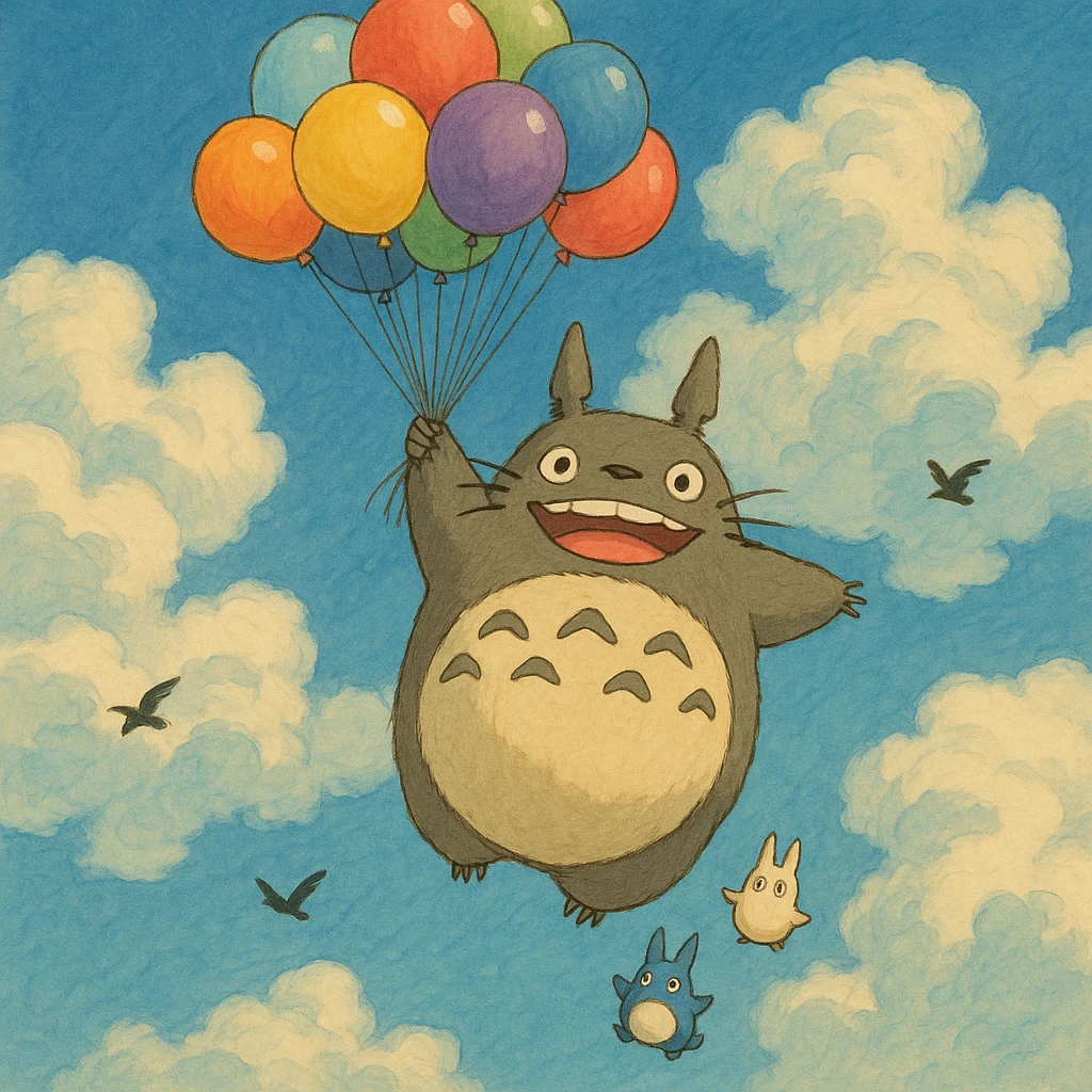 Totoro floating high in the sky, joyfully holding onto a bunch of colorful balloons, with small Totoros trailing behind him and fluffy clouds parting around them as birds fly nearby. emoji