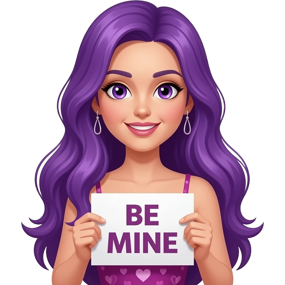 sexy girl with long purple hair and purple eyes wearing a dress holding a BE MINE sign emoji