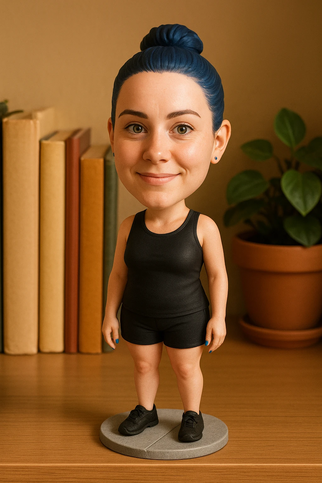 Woman with dark blue hair and blue fingernails standing on a sidewalk emoji
