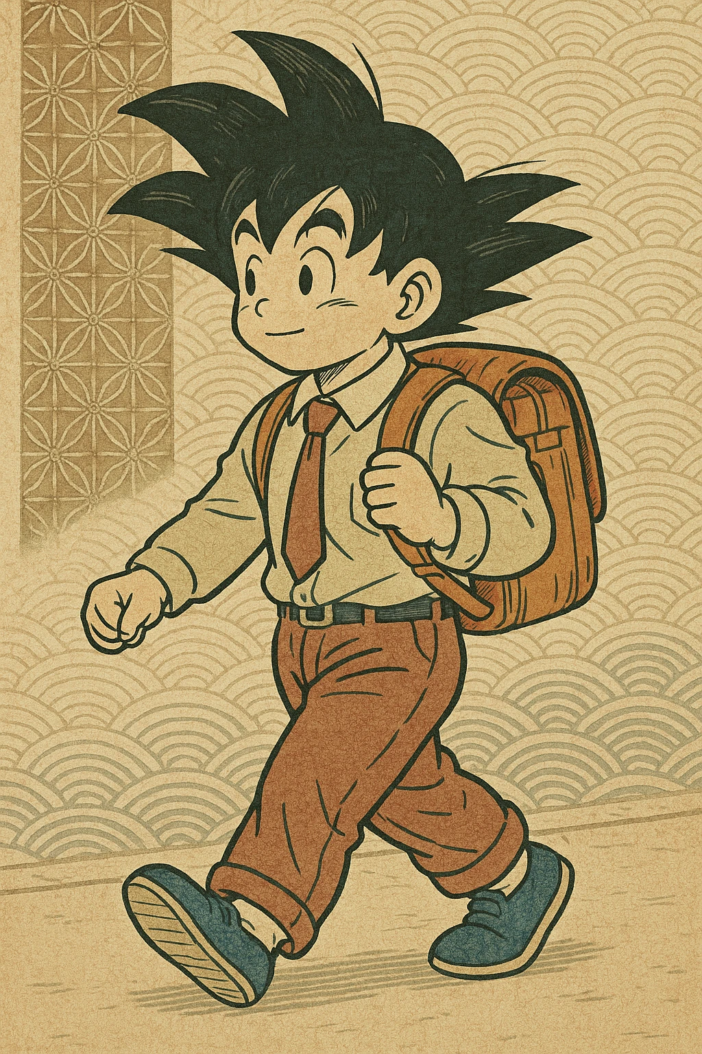 Goku as a student, with a backpack, walking to school, anime style emoji