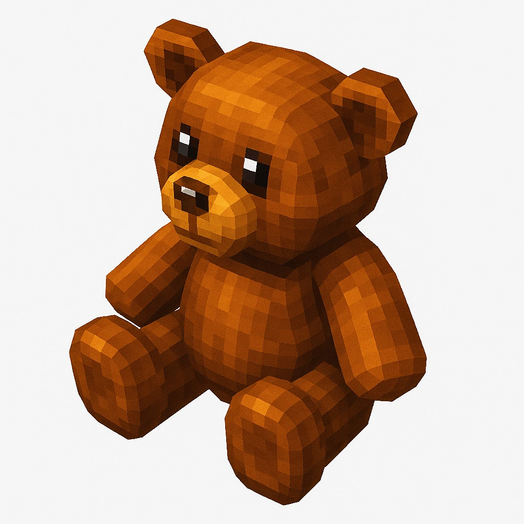 cute 3D teddy bear with shiny brown surface, sitting pose, rounded and minimal features, smooth glossy texture, soft highlights, isometric top-side angle, clean white background, friendly cartoon icon style emoji