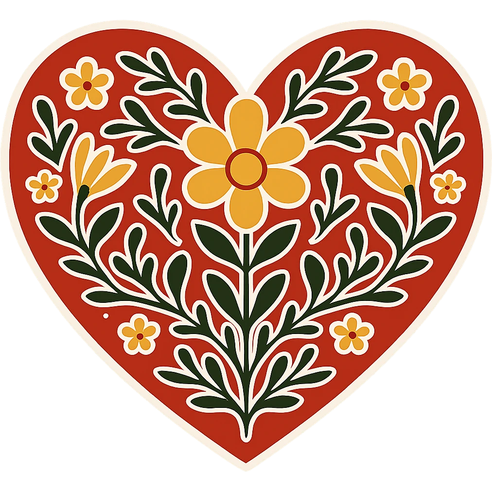 Add a white outline around the motif so it stands out against the red heart. Keep the motif geometric and bold, maintain the red color and the border around the heart. The style should be Slavic folk art. Transparent background. emoji