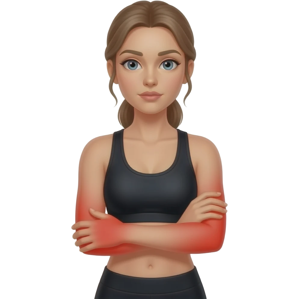 arm pain, full red glow covering both arms from shoulders to hands, woman holding one arm, fair-skinned woman, gray-blue eyes, ash brown brows, ash light brown hair tied back, slim athletic body, black workout set emoji