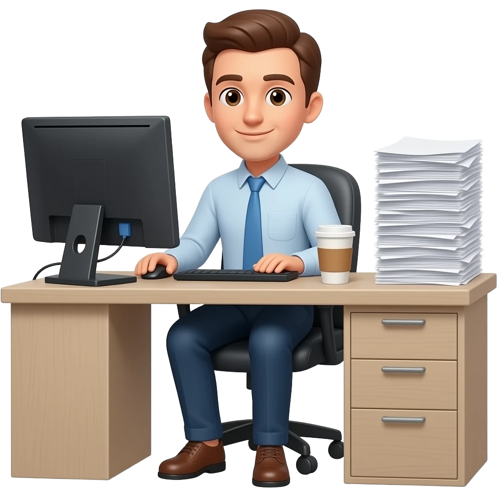 male  in the office with desk computere coffoe cup and a big file of papers emoji