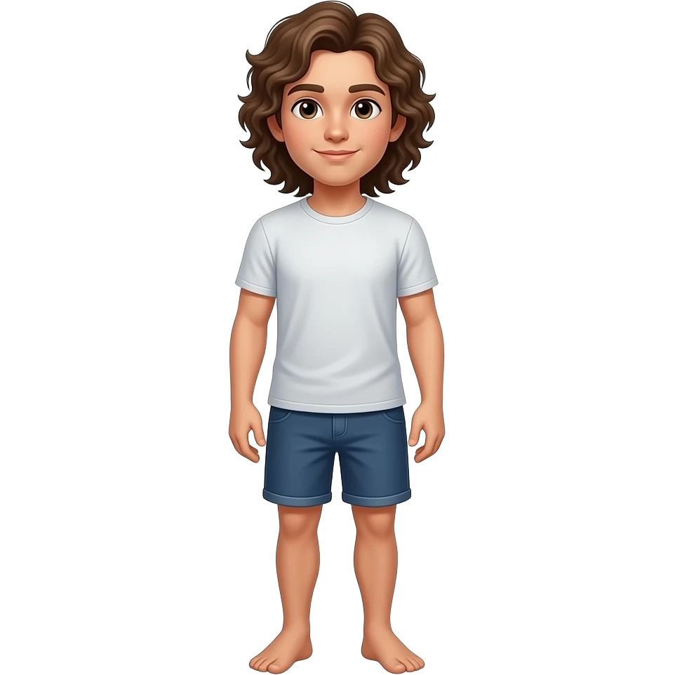 Hazme con el cuerpo entero de pie un chico con pelo rizado largo hacia abajo, ojos marrones, boca y nariz mediana. Bajito de constitución un poco fuerte un poco bronceado, camiseta y pantalon corto emoji